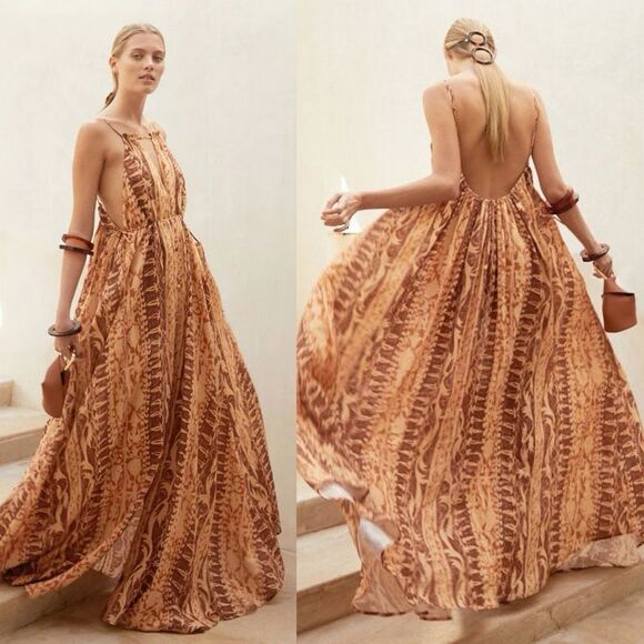 Cult Gaia Maxi Dress Agatha 100% Linen Sleeveless Slip Brown Paisley size L - Picture 1 of 11
